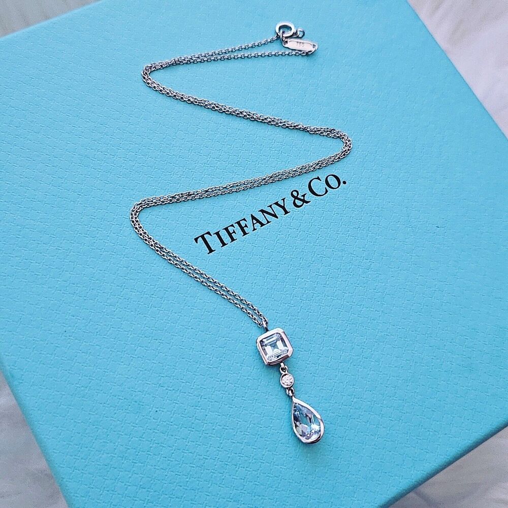 $4000 Tiffany & Co. 18k WG 1.59ctw Aquamarine & Diamond Lariat Pendant Necklace - Picture 3 of 8